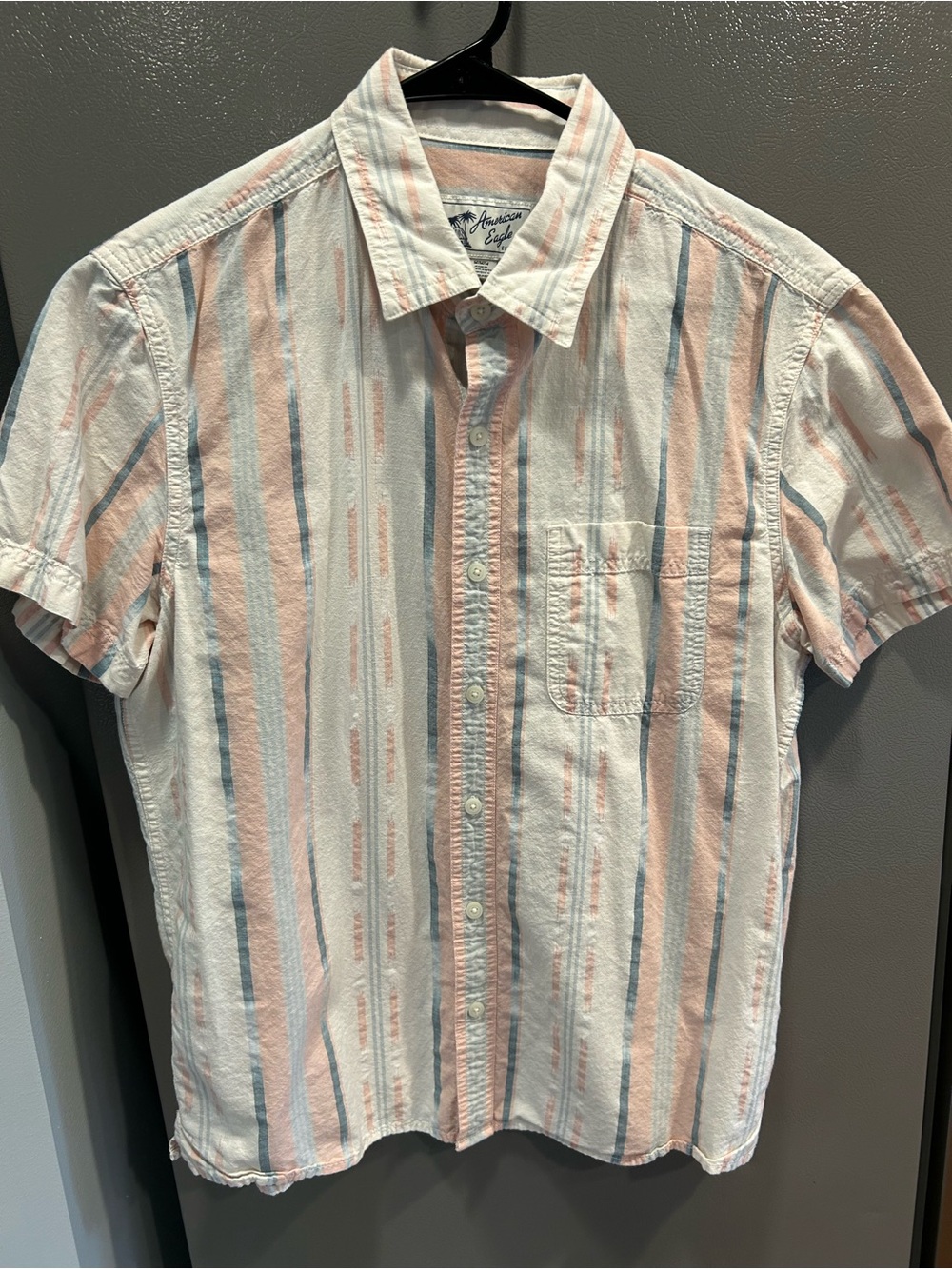 American Eagle Outfitters Short-Sleeve Button-Up with Pink and Blue Stripes